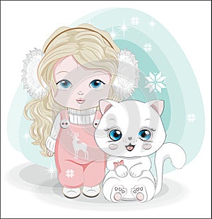 Little girl and cat Happy Birthday Winter Card