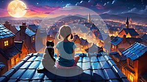Little girl with cat on the roof looking at a magical moonlit mountain village.?hildhood,children\'s imagination concept.