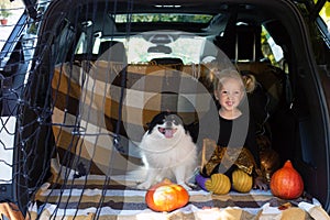 Little girl celebrating Halloween pet dog car trunk. Fun outdoors