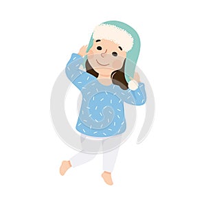 Little Girl Changing Her Clothes Putting on Warm Hat Vector Illustration