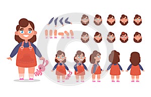 Little girl character constructor for animation with various views, poses gestures, hairstyles and emotions. Cartoon Kid