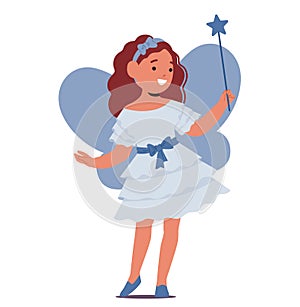 Little Girl Character Dons A Whimsical Fairy Costume and Wings, Wand In Hand, Dressed In Layers Of Blue Pastel Tulle