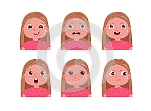 Little girl character emotion set. Child face is sad and happy and frightened