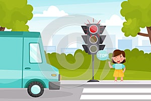 Little Girl Character Learn Traffic Rule Wait at Red Light Vector Illustration