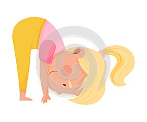 Little Girl Character Practising Yoga Stretching and Breathing Vector Illustration