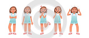 Little girl character set. The child expresses emotions resentment and confusion, love and joy, anger