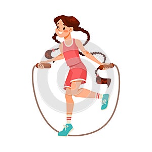 Little Girl Character Skipping Rope Doing Sport Exercise Vector Illustration