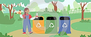 Little Girl Character Throw Trash into Litter Bin Containers with Recycling Sign in Park. Ecology Protection, Pollution