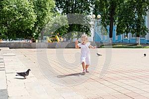 Little girl chasing pigeons in summer park