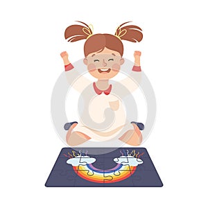 Little Girl Cheering About Assembling Jigsaw Puzzle into Rainbow Picture Vector Illustration