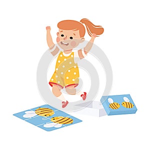Little Girl Cheering About Assembling Jigsaw Puzzle Vector Illustration