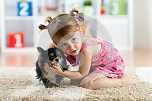 Little girl with Chihuahua dog in children room. Kids pet friendship