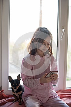 Little girl with a chihuahua. Little girl with a smartphone in her hands. Teenager at home with an animal