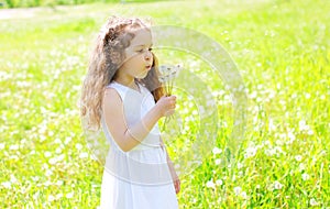 Little girl child blowing dandelions flowers in spring field