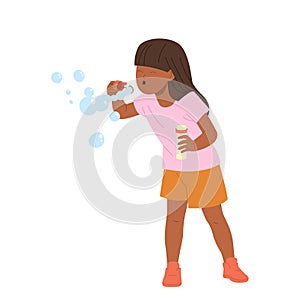 Little girl child cartoon character blowing soap bubble vector illustration isolated on white