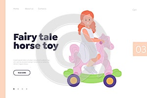 Little girl child cartoon character princess riding fairy tale toy horse landing page template