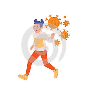 Little girl child cartoon character running away from coronavirus viral infection isolated on white