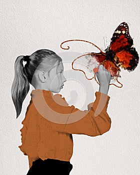 Little girl child drawing big colorful butterfly. Curiosity and nature exploration. Contemporary art collage.