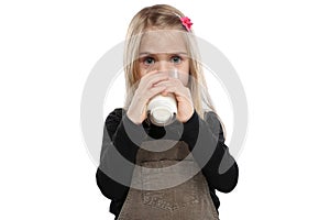 Little girl child drinking milk kid glass healthy eating isolate