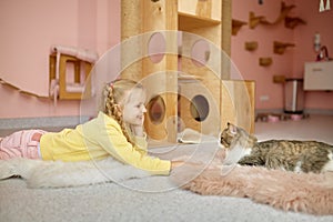 Little girl child looking how cat crawl out of cage spending time at pet zoo