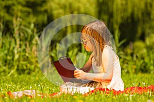 Little girl child on picnic. Summer leisure.