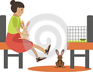 Little girl child playing with rabbit at zoo shop vector icon isolated on white