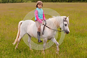 Little girl child walks on a white horse on the field Outdoors