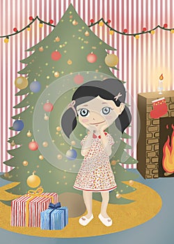 Little girl in Christmas time with gifts