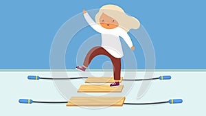 Little girl climbing a wooden ladder. Vector illustration.