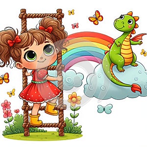 A little girl climbs a ladder made of rope against the background of a multi-colored rainbow.