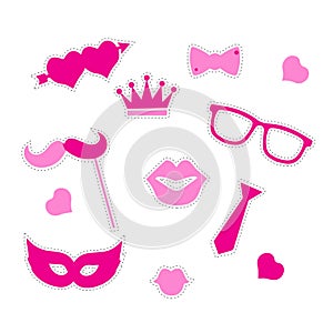 Little girl, collection of vector icons for girls, glasses, bows, carnival masks