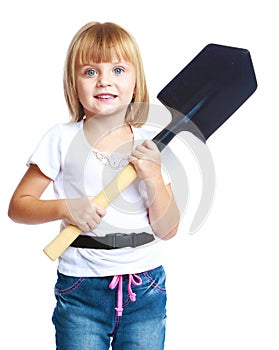 Little girl with a construction shovel.