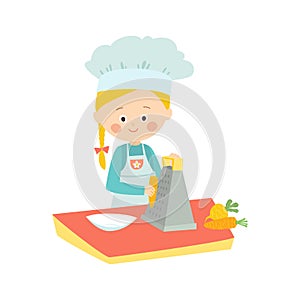 Little girl cooking. Cute child grating carrots. Little chef. Vector hand drawn eps 10 clip art illustration isolated on