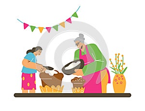 Little girl cooking Easter cake together with granny, flat vector illustration isolated on white background.
