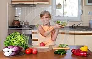 Little Girl Cooking. Healthy Food - Vegetable Salad. Diet. Dieting Concept. Healthy Lifestyle.