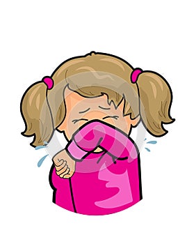 Little girl coughing into his elbow isolated on white background, social distance, example of sneezing, virus protection 2020