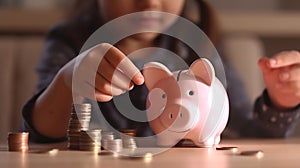 Little girl counting coins and putting coin to pink piggy bank, stack of coin on the table, kid learning to save money for future