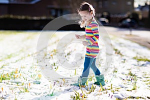 Little girl with crocus flowers under snow in spring