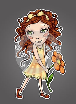 Little girl with curly hair in yellow dress holding a flower