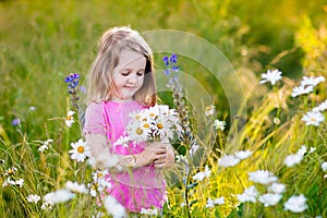 Little girl in daisy flower field