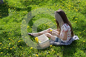 Little girl on dandelion lawn gathering dandelion