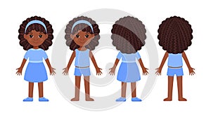 Little Girl with dark skin in clothes and underwear. Afro Ð¡hild is standing in front and back view. Black Character in a dress,