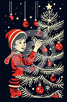 A little girl decorates a christmas tree, AI