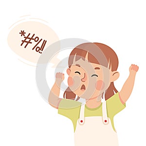 Little Girl Demonstrating Facial Expression and Emotion Scolding and Brandishing Fists Vector Illustration