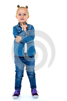 Little girl in a denim suit.