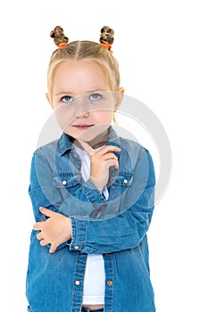 Little girl in a denim suit.