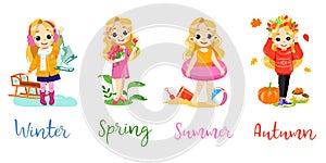 Little Girl In Different Seasons Winter, Spring, Summer, Autumn. Seasonal Change Concept Art In Flat Cartoon Style
