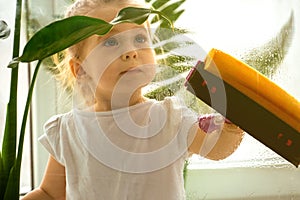 A little girl diligently washing a window.