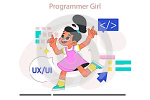 Little girl do programming. Computer science, AI, game technologies