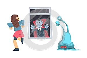Little Girl Dodging from Window Imagining Vampire in the Darkness as Childhood Fear Vector Illustration